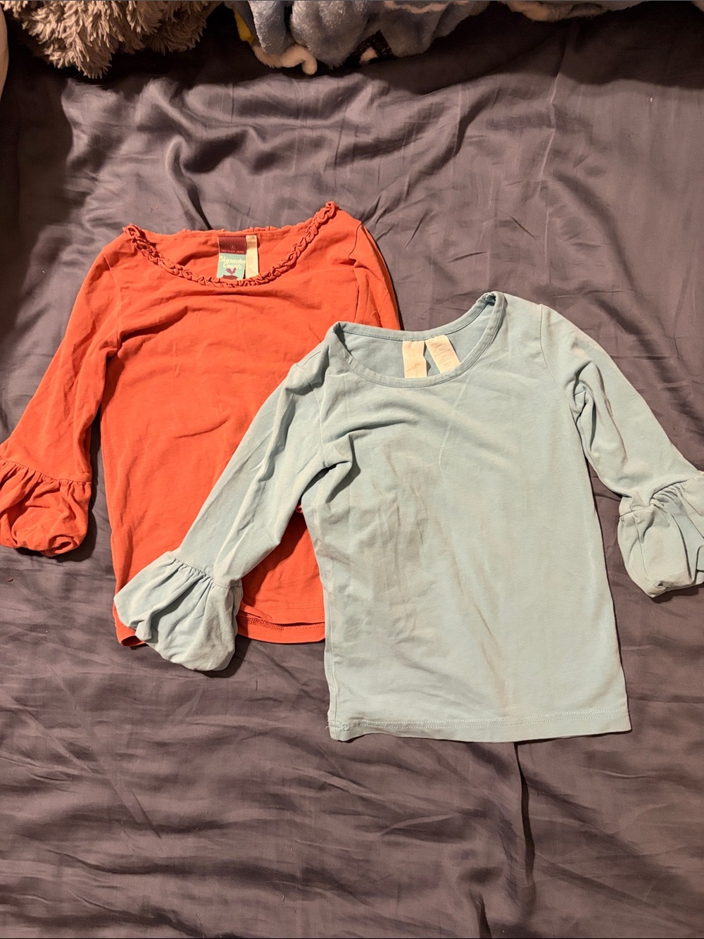 Girls' Long Sleeve Ruffle Cuff Top - Coral and Light Blue
